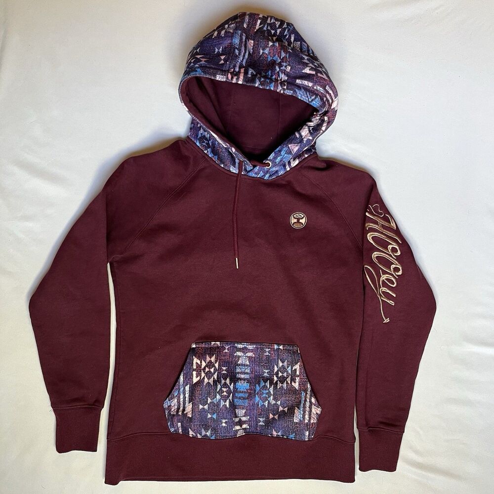 Hooey Women's Maroon Western Print Pocket Pullover Hoodie Sweatshirt M Medium